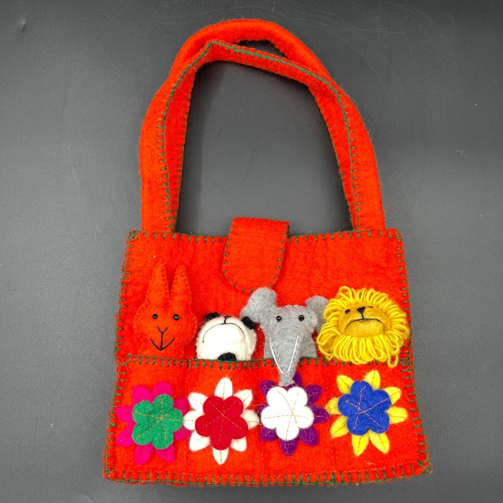 Handmade Nepal 100% Wool Orange Felted Bag with 4 Animal Finger Puppets Flowers